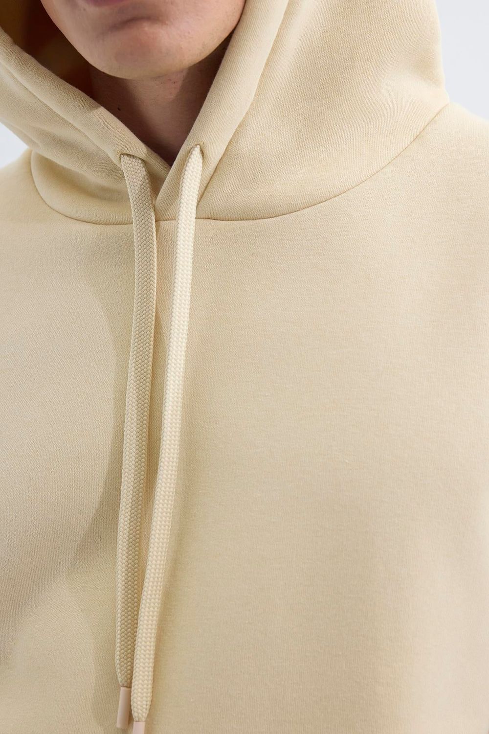 Unisex Oversize Geniş Kesim Pamuklu Yumuşak Dokulu İçi Polarlı Basic Bej Kapüşonlu Sweatshirt