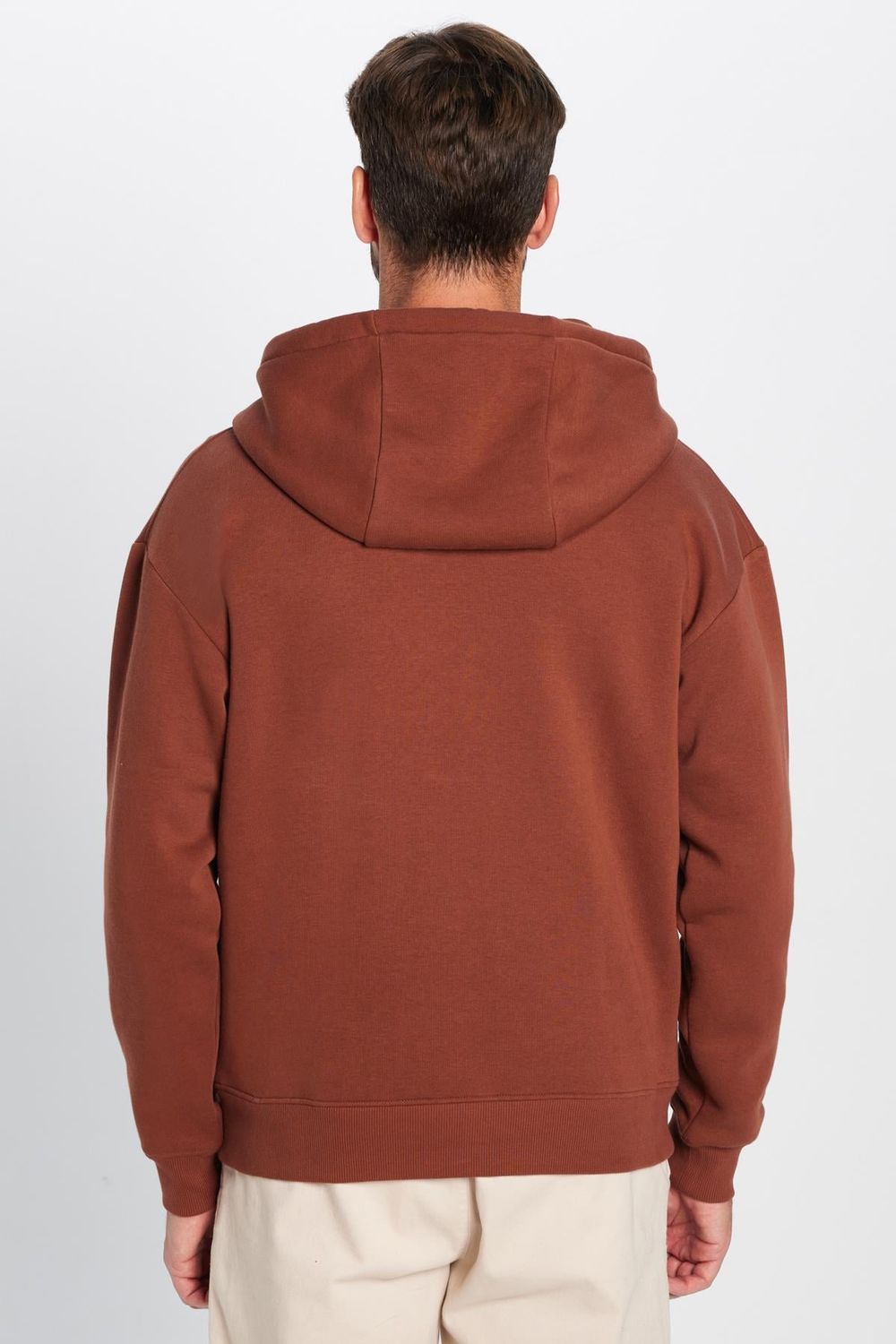 Unisex Oversize Geniş Kesim Pamuklu Yumuşak Dokulu İçi Polarlı Basic Kahverengi Kapüşonlu Sweatshirt