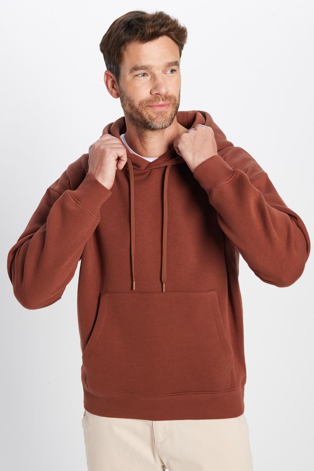 Unisex Oversize Geniş Kesim Pamuklu Yumuşak Dokulu İçi Polarlı Basic Kahverengi Kapüşonlu Sweatshirt