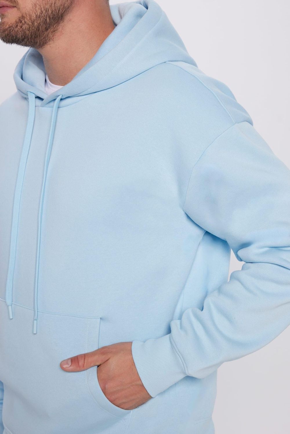 Unisex Oversize Geniş Kesim Pamuklu Yumuşak Dokulu İçi Polarlı Basic Mavi Kapüşonlu Sweatshirt