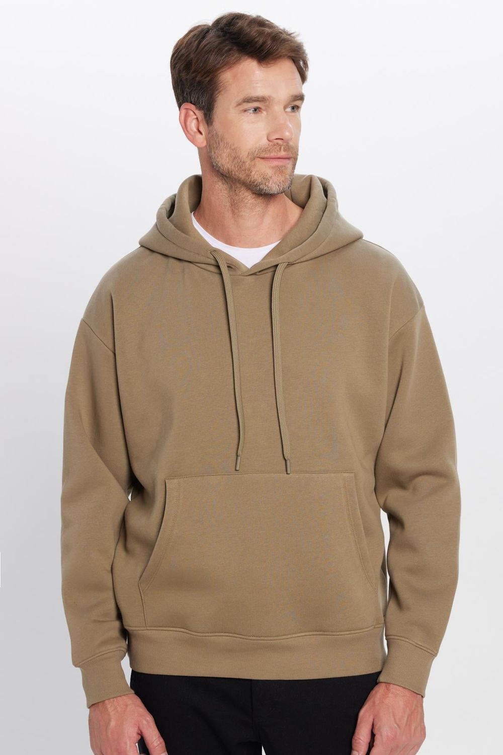 Unisex Oversize Geniş Kesim Pamuklu Yumuşak Dokulu İçi Polarlı Basic Haki Kapüşonlu Sweatshirt