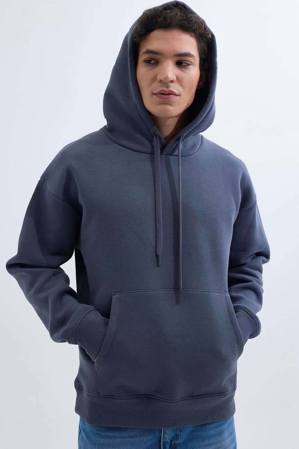 Unisex Oversize Geniş Kesim Pamuklu Yumuşak Dokulu İçi Polarlı Basic Gri Kapüşonlu Sweatshirt