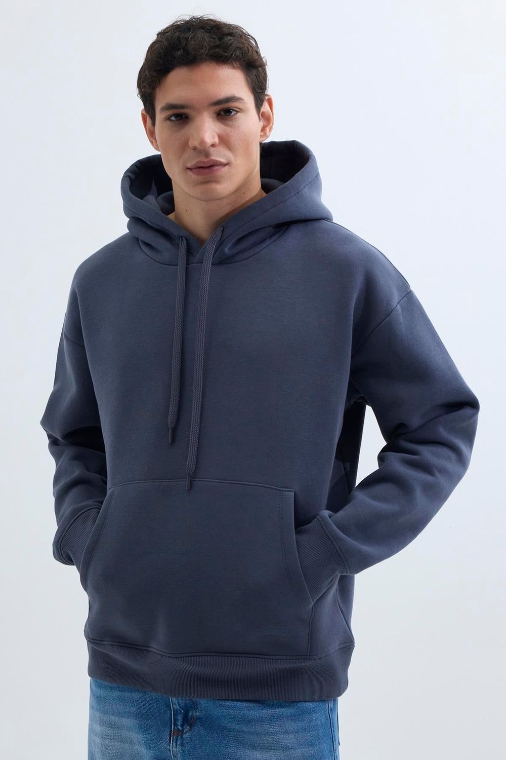 Unisex Oversize Geniş Kesim Pamuklu Yumuşak Dokulu İçi Polarlı Basic Gri Kapüşonlu Sweatshirt