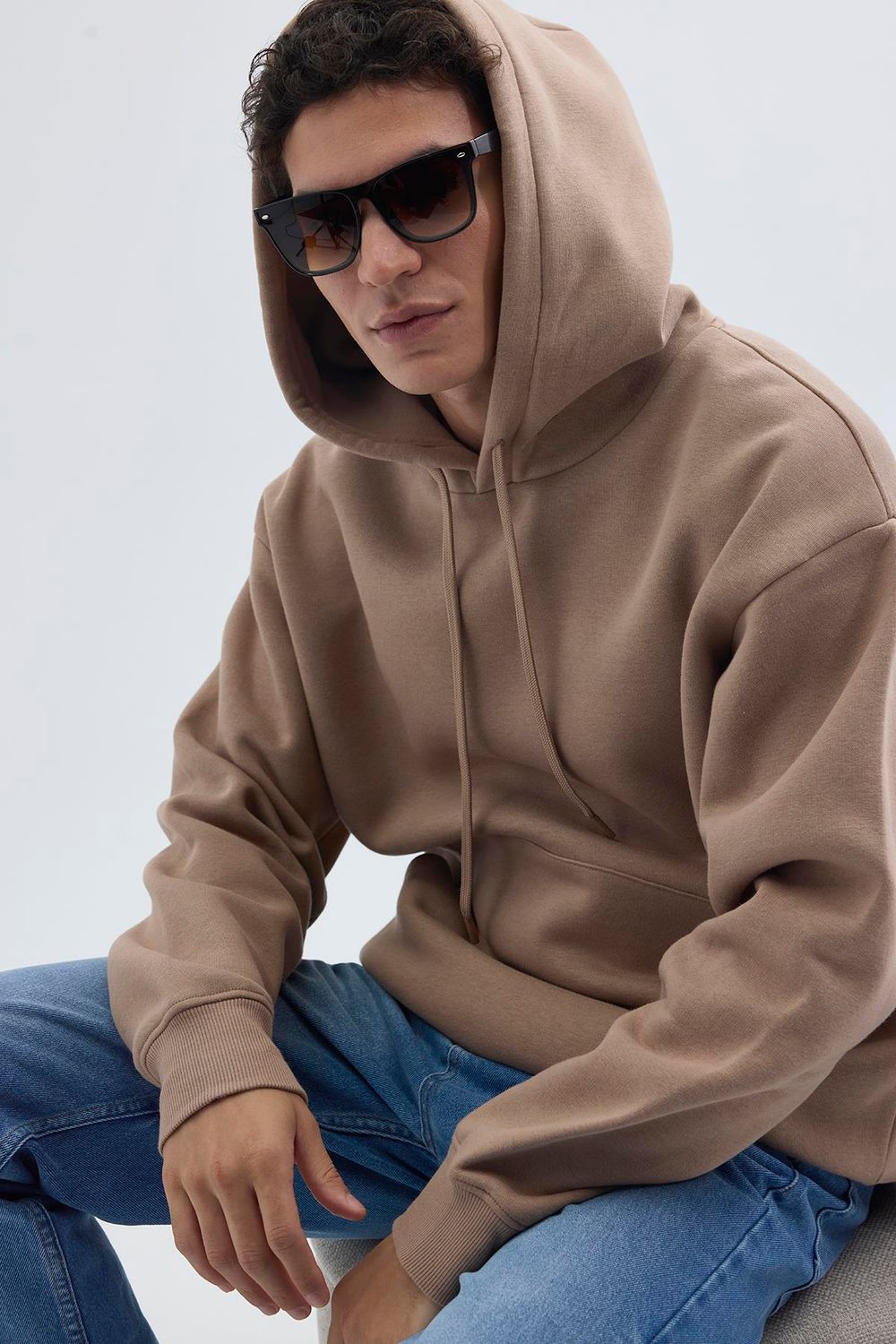 Unisex Oversize Geniş Kesim Pamuklu Yumuşak Dokulu İçi Polarlı Basic Vizon Renk Kapüşonlu Sweatshirt
