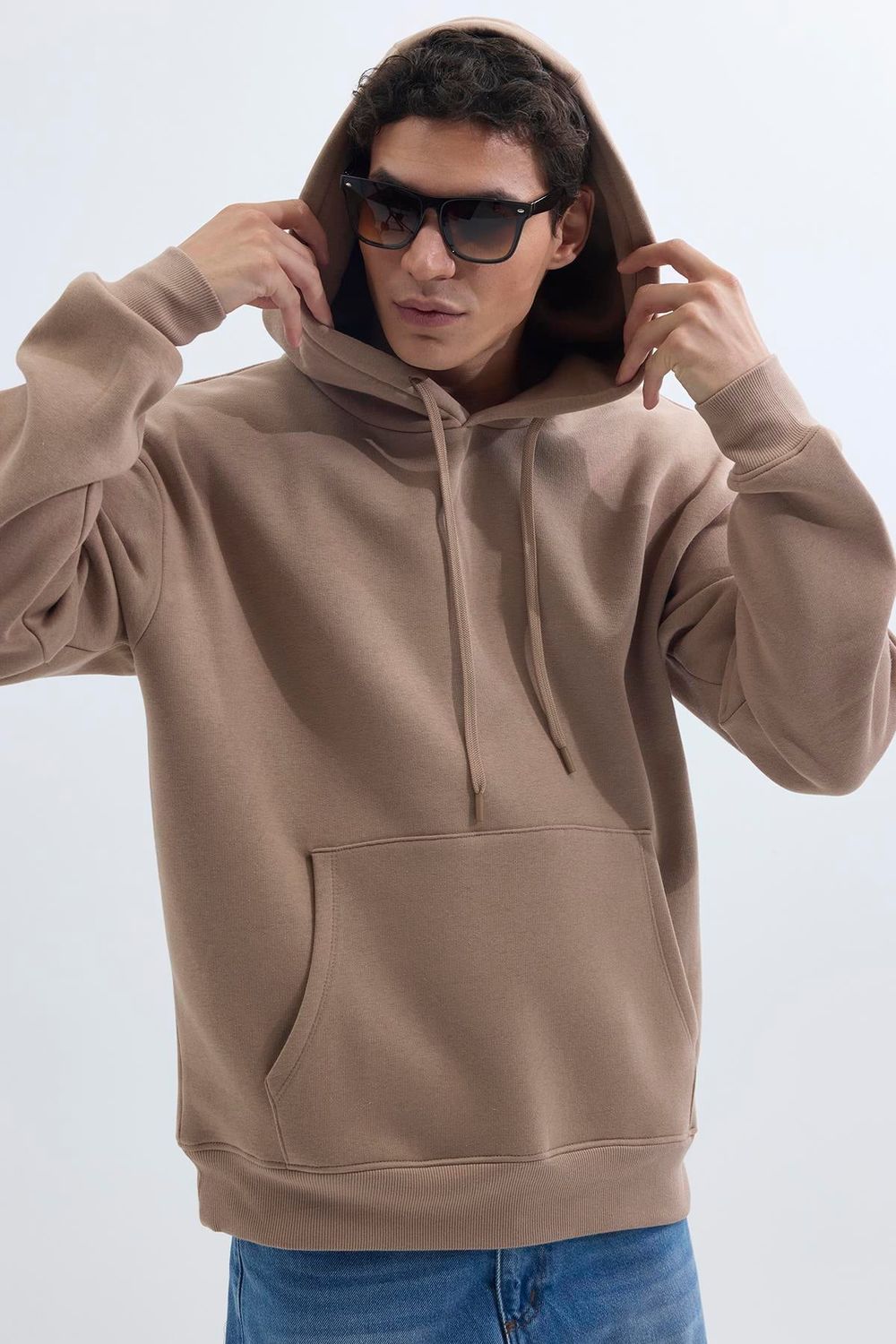 Unisex Oversize Geniş Kesim Pamuklu Yumuşak Dokulu İçi Polarlı Basic Vizon Renk Kapüşonlu Sweatshirt