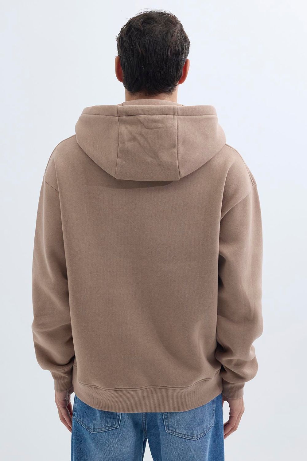 Unisex Oversize Geniş Kesim Pamuklu Yumuşak Dokulu İçi Polarlı Basic Vizon Renk Kapüşonlu Sweatshirt