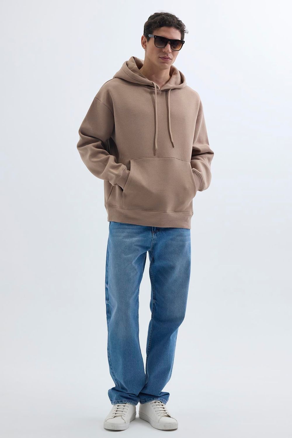 Unisex Oversize Geniş Kesim Pamuklu Yumuşak Dokulu İçi Polarlı Basic Vizon Renk Kapüşonlu Sweatshirt