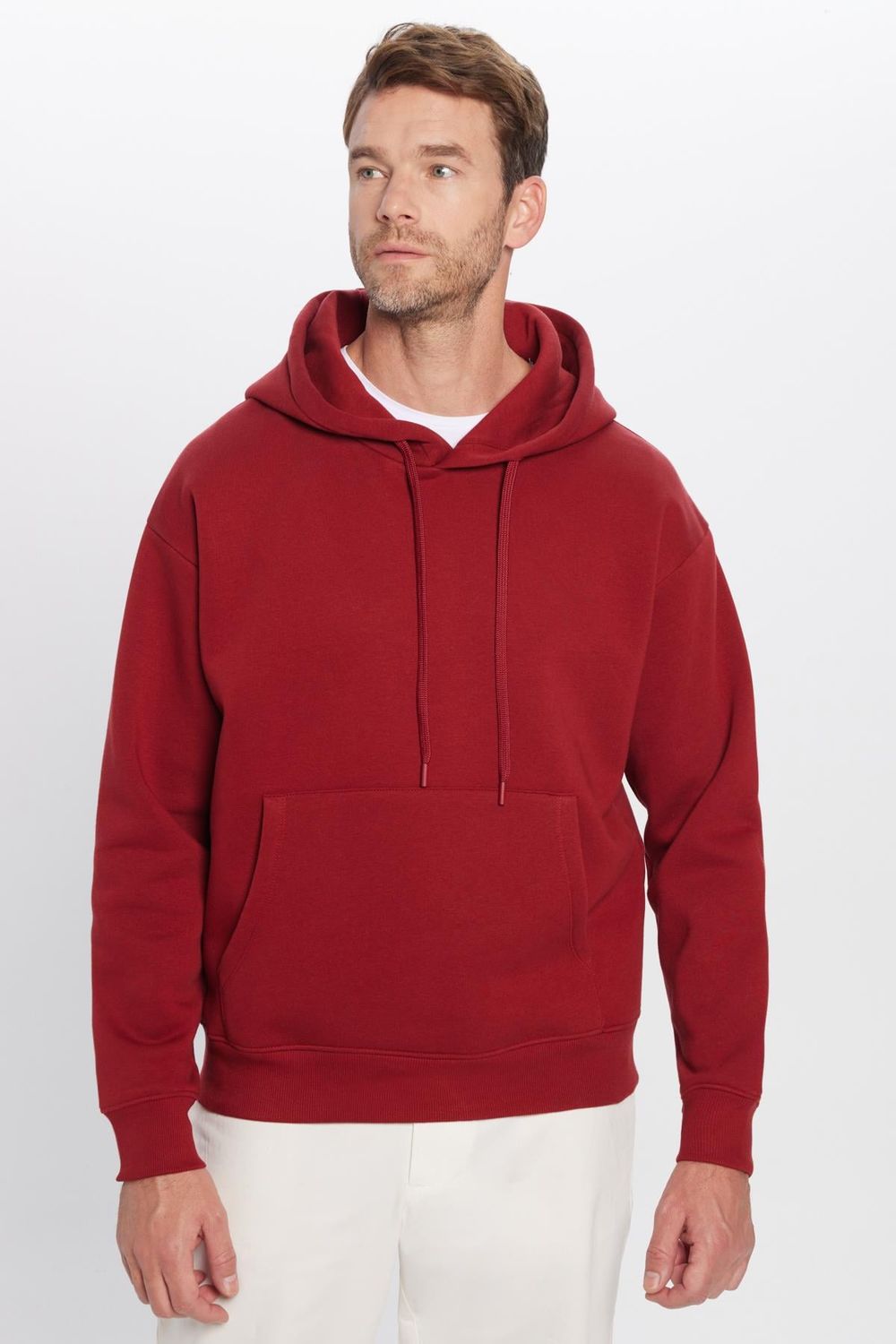 Unisex Oversize Geniş Kesim Pamuklu Yumuşak Dokulu İçi Polarlı Basic Bordo Kapüşonlu Sweatshirt