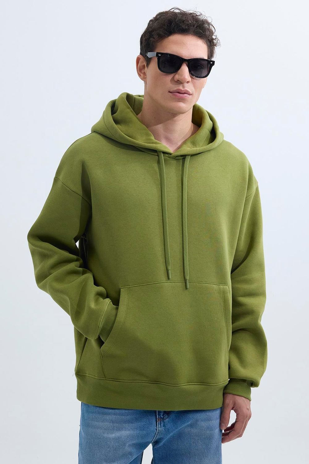 Unisex Oversize Geniş Kesim Pamuklu Yumuşak Dokulu İçi Polarlı Basic Yeşil Renk Kapüşonlu Sweatshirt