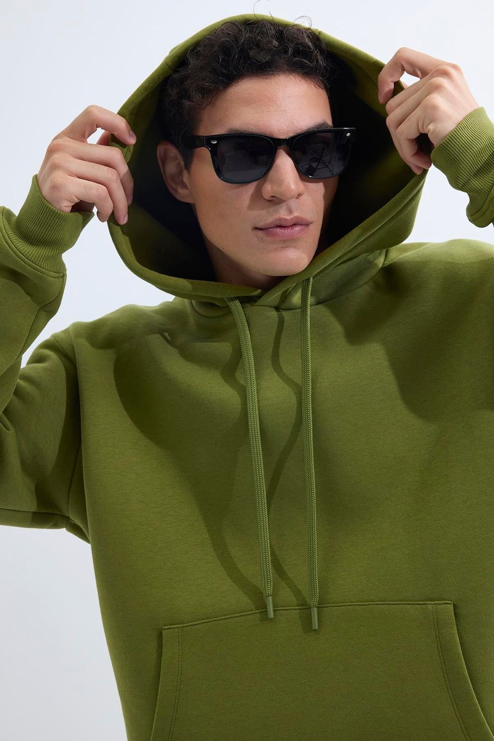 Unisex Oversize Geniş Kesim Pamuklu Yumuşak Dokulu İçi Polarlı Basic Yeşil Renk Kapüşonlu Sweatshirt