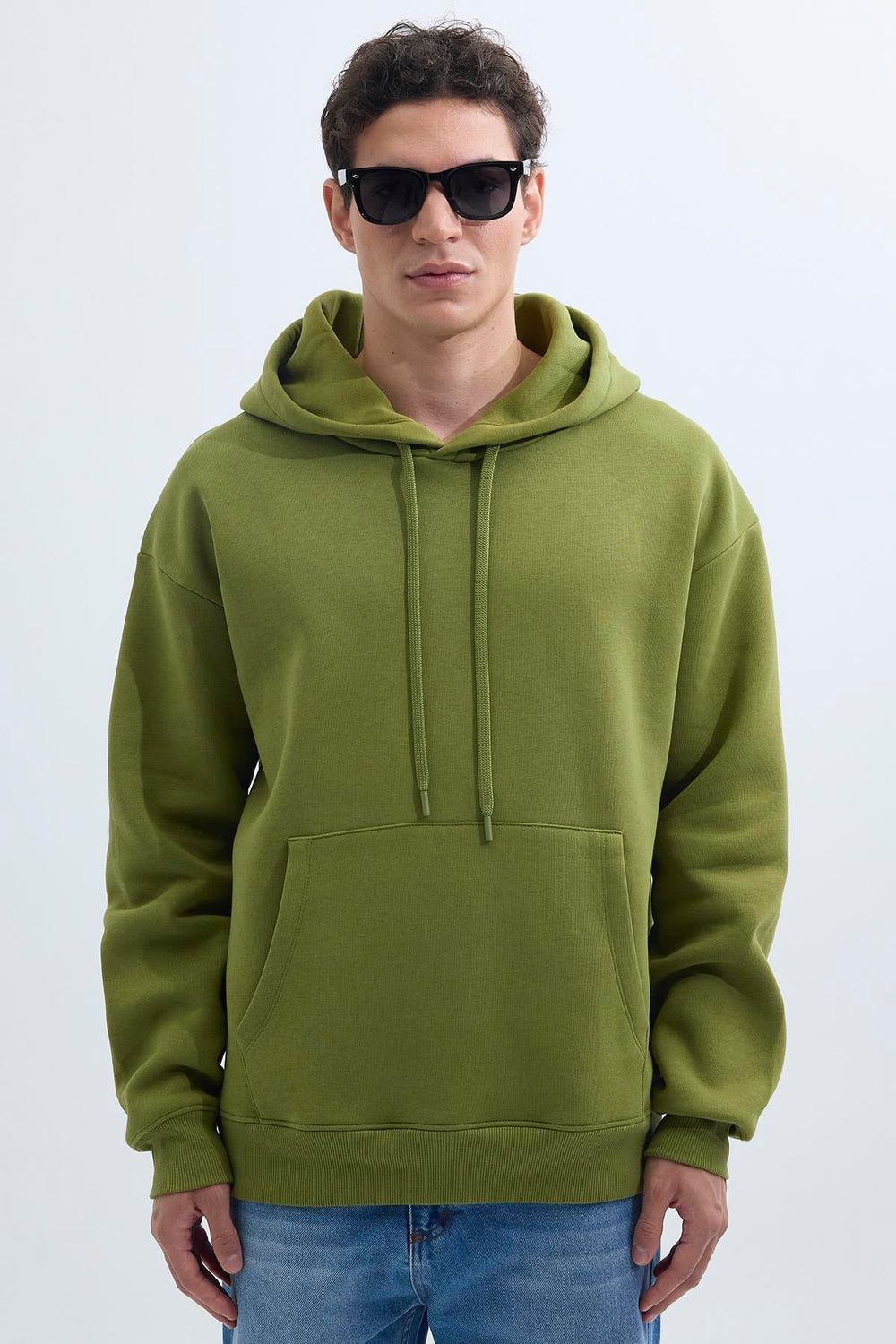 Unisex Oversize Geniş Kesim Pamuklu Yumuşak Dokulu İçi Polarlı Basic Yeşil Renk Kapüşonlu Sweatshirt