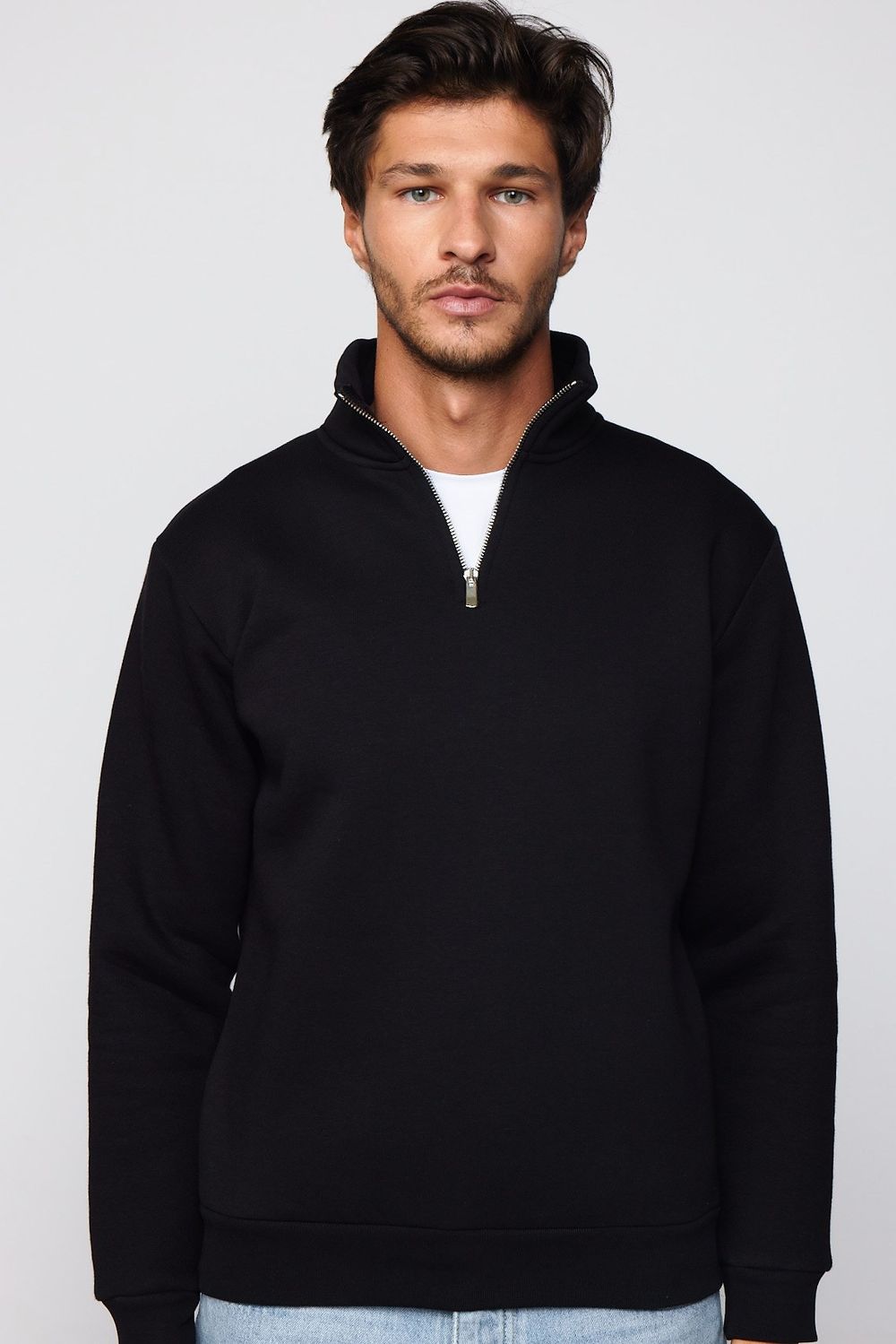 Unisex Relax Fit Rahat Kesim Pamuklu İçi Polarlı Yarım Fermuarlı Siyah Dik Yaka Sweatshirt