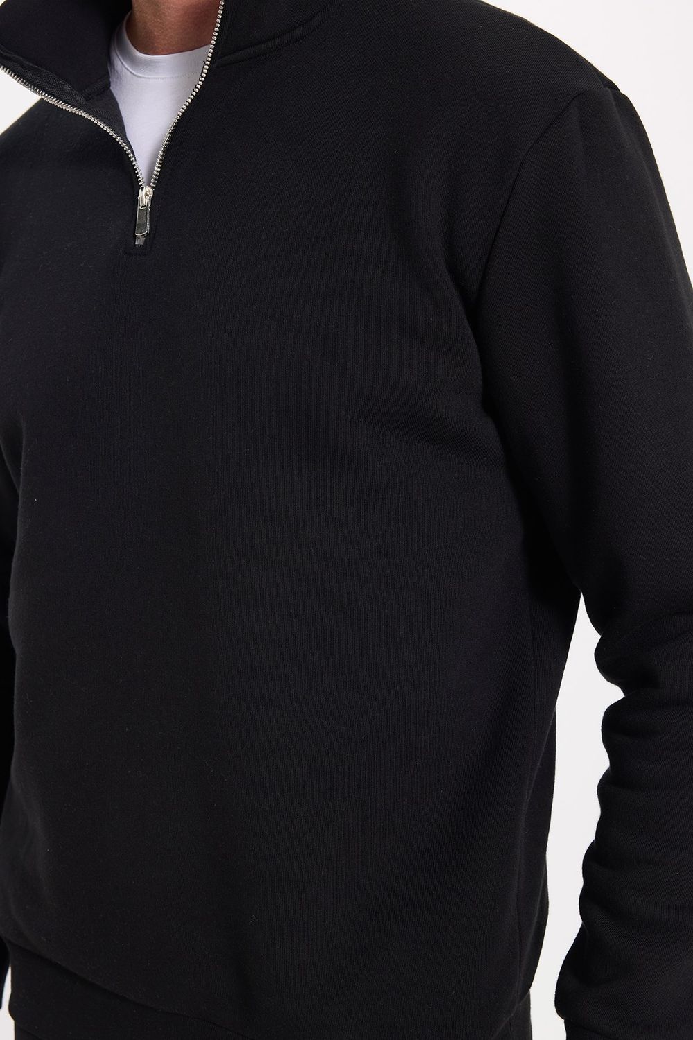Unisex Relax Fit Rahat Kesim Pamuklu İçi Polarlı Yarım Fermuarlı Siyah Dik Yaka Sweatshirt