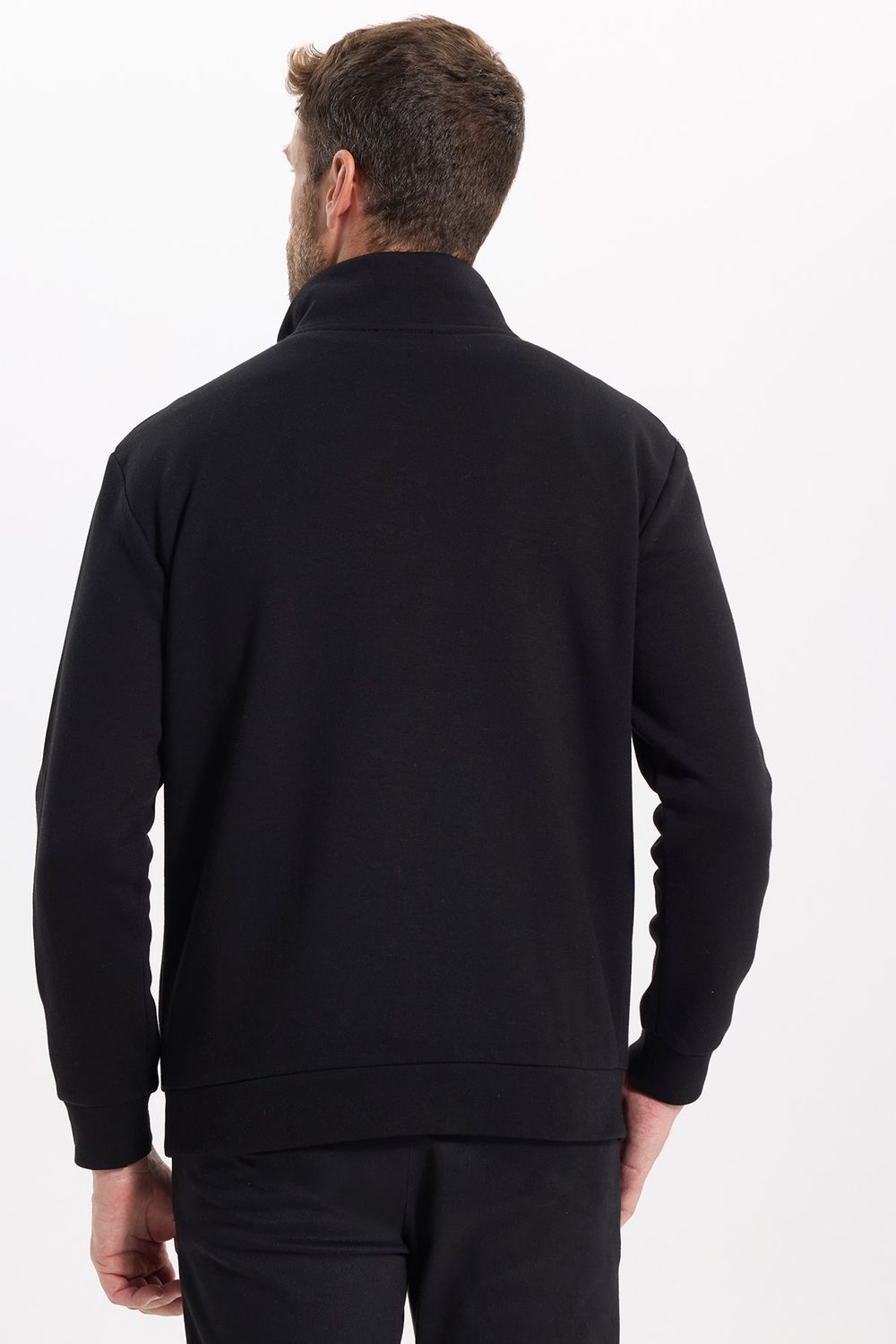 Unisex Relax Fit Rahat Kesim Pamuklu İçi Polarlı Yarım Fermuarlı Siyah Dik Yaka Sweatshirt