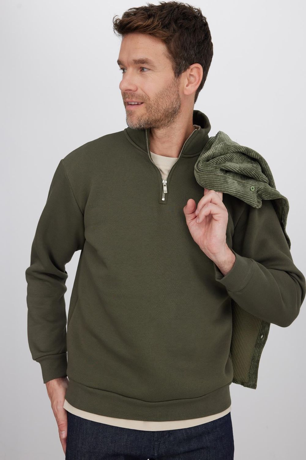 Unisex Relax Fit Rahat Kesim Pamuklu İçi Polarlı Yarım Fermuarlı Haki Dik Yaka Sweatshirt