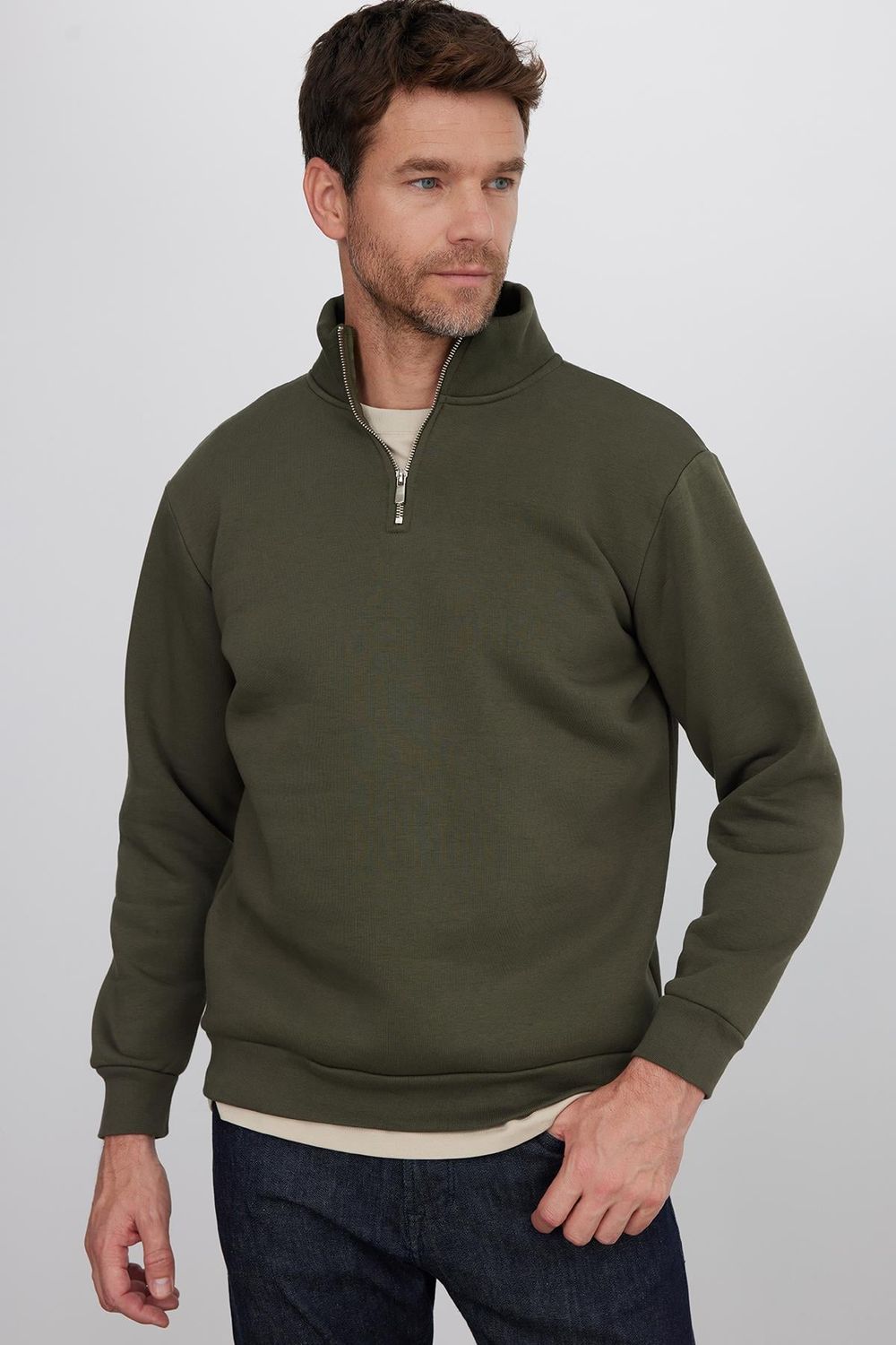 Unisex Relax Fit Rahat Kesim Pamuklu İçi Polarlı Yarım Fermuarlı Haki Dik Yaka Sweatshirt