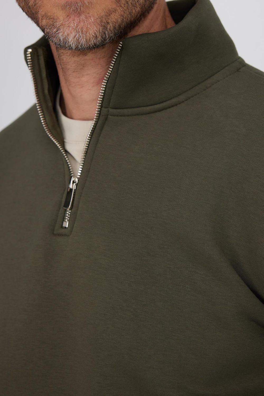 Unisex Relax Fit Rahat Kesim Pamuklu İçi Polarlı Yarım Fermuarlı Haki Dik Yaka Sweatshirt