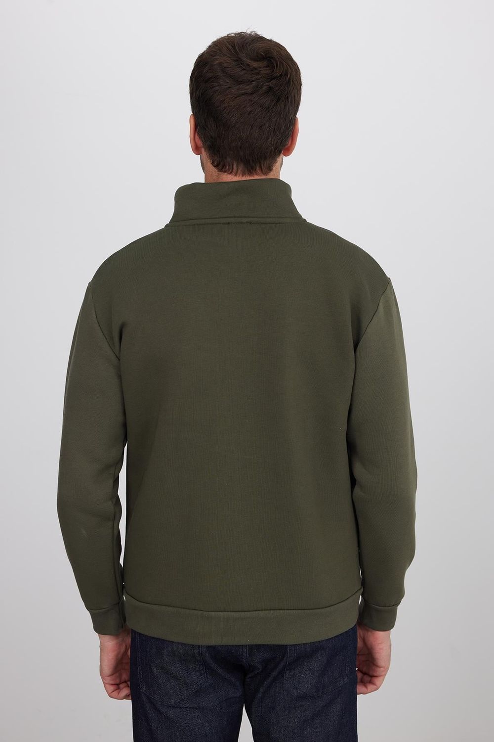 Unisex Relax Fit Rahat Kesim Pamuklu İçi Polarlı Yarım Fermuarlı Haki Dik Yaka Sweatshirt