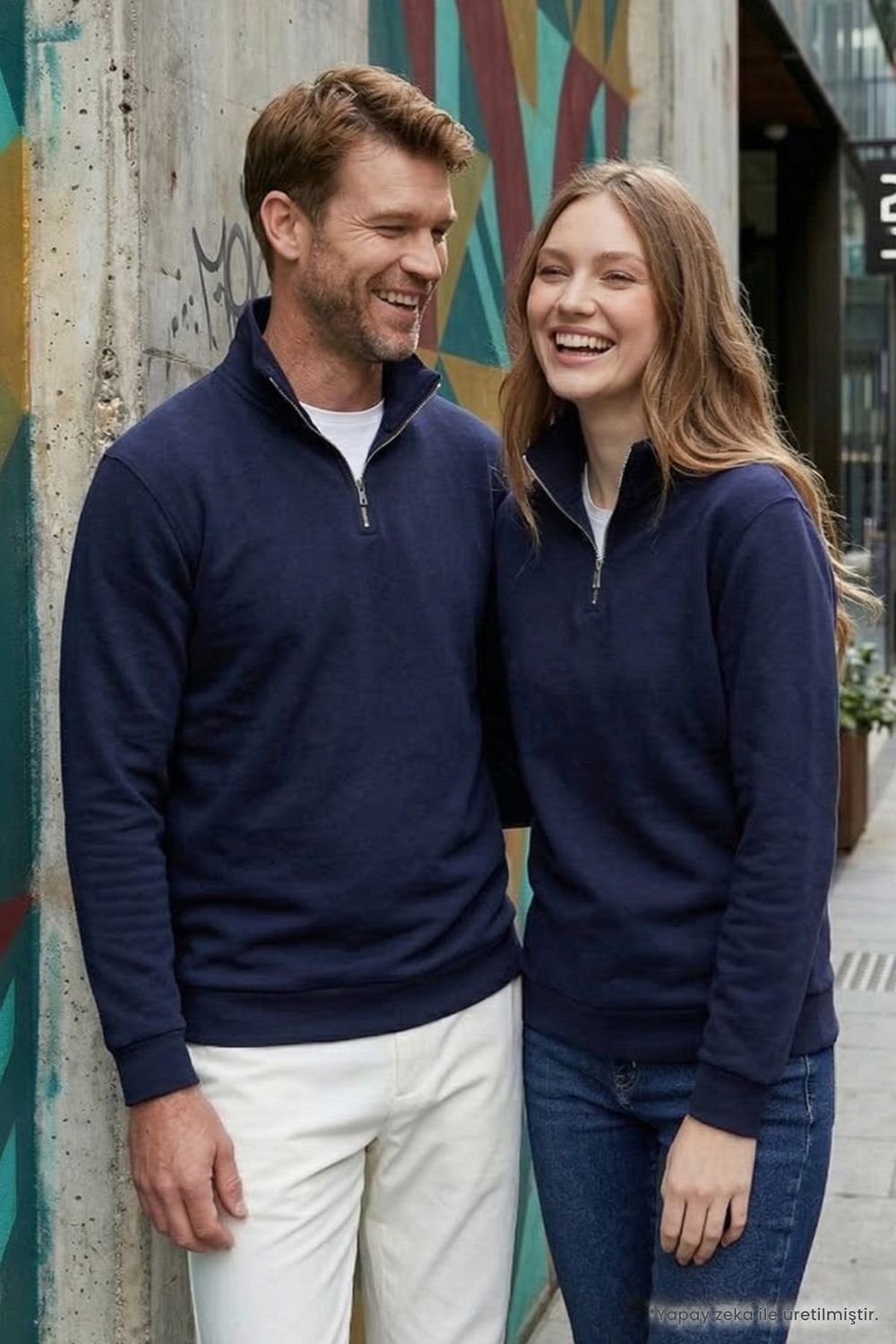 Unisex Relax Fit Rahat Kesim Pamuklu İçi Polarlı Yarım Fermuarlı Lacivert Dik Yaka Sweatshirt