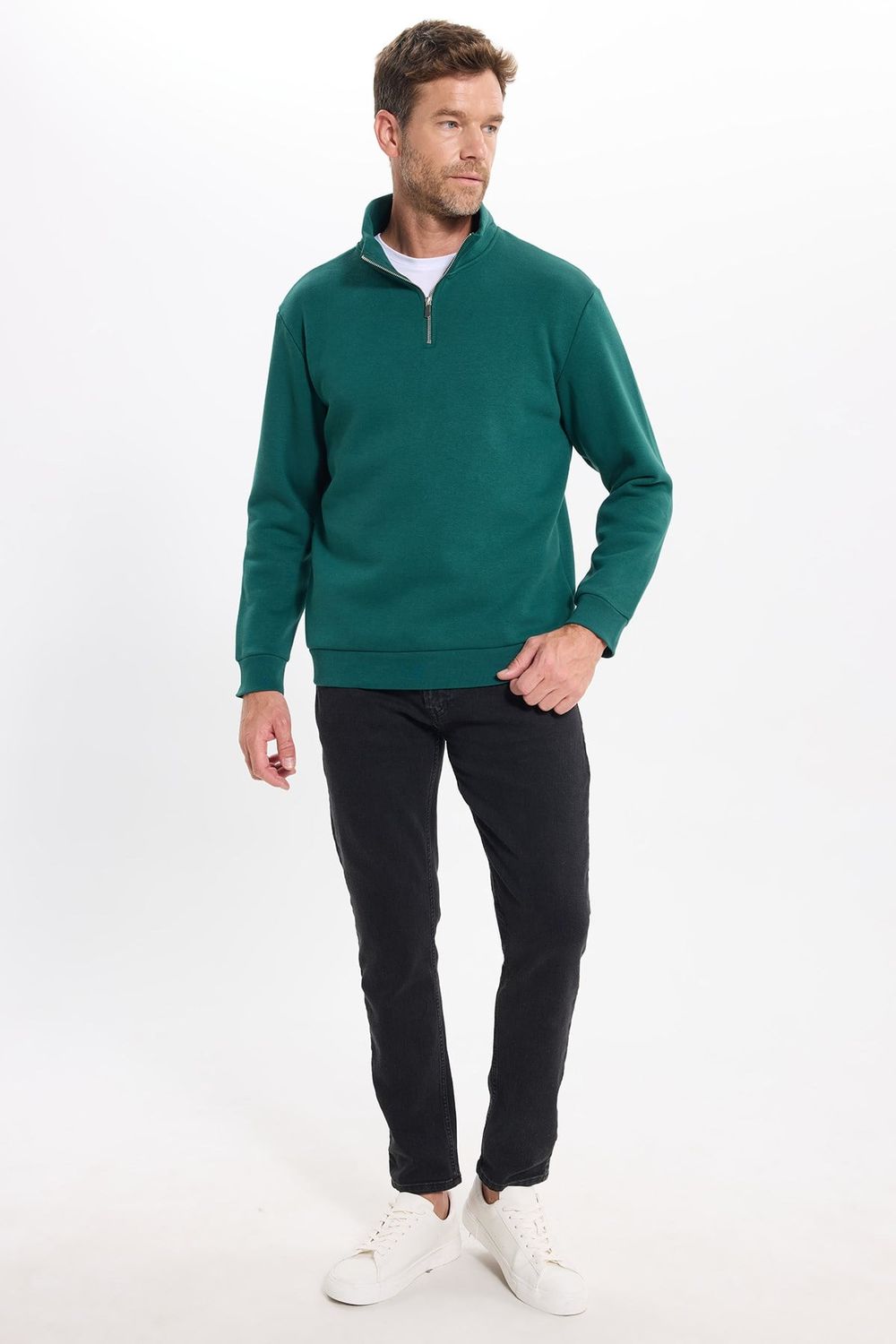 Unisex Relax Fit Rahat Kesim Pamuklu İçi Polarlı Yarım Fermuarlı Haki Dik Yaka Sweatshirt