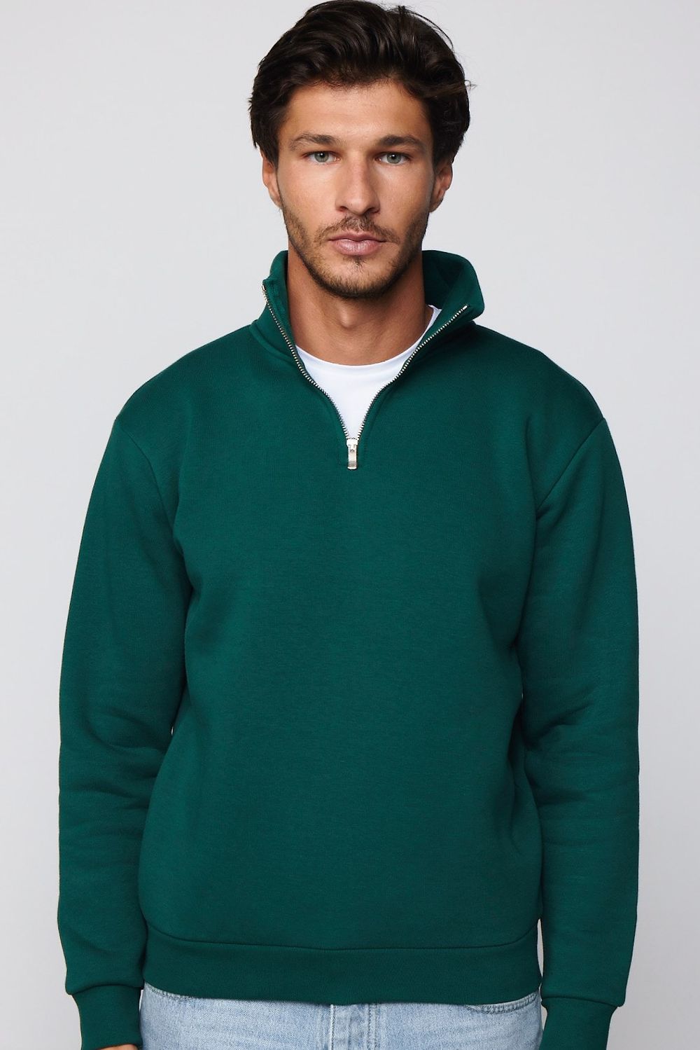 Unisex Relax Fit Rahat Kesim Pamuklu İçi Polarlı Yarım Fermuarlı Haki Dik Yaka Sweatshirt