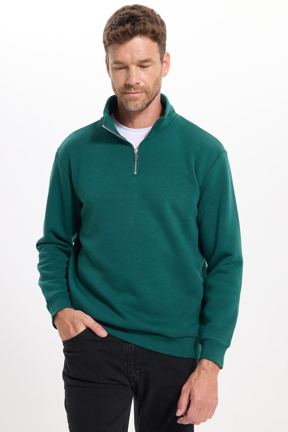 Unisex Relax Fit Rahat Kesim Pamuklu İçi Polarlı Yarım Fermuarlı Haki Dik Yaka Sweatshirt