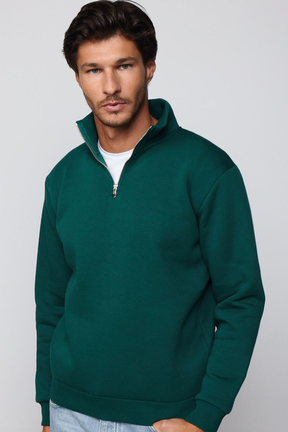 Unisex Relax Fit Rahat Kesim Pamuklu İçi Polarlı Yarım Fermuarlı Haki Dik Yaka Sweatshirt