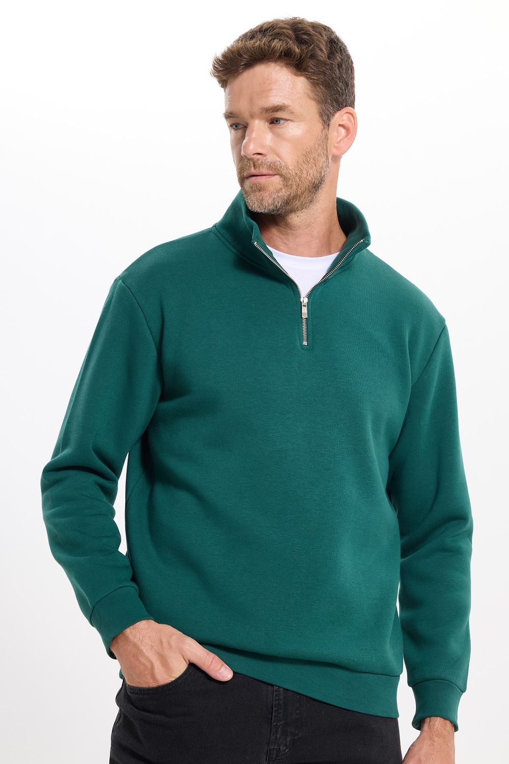 Unisex Relax Fit Rahat Kesim Pamuklu İçi Polarlı Yarım Fermuarlı Haki Dik Yaka Sweatshirt