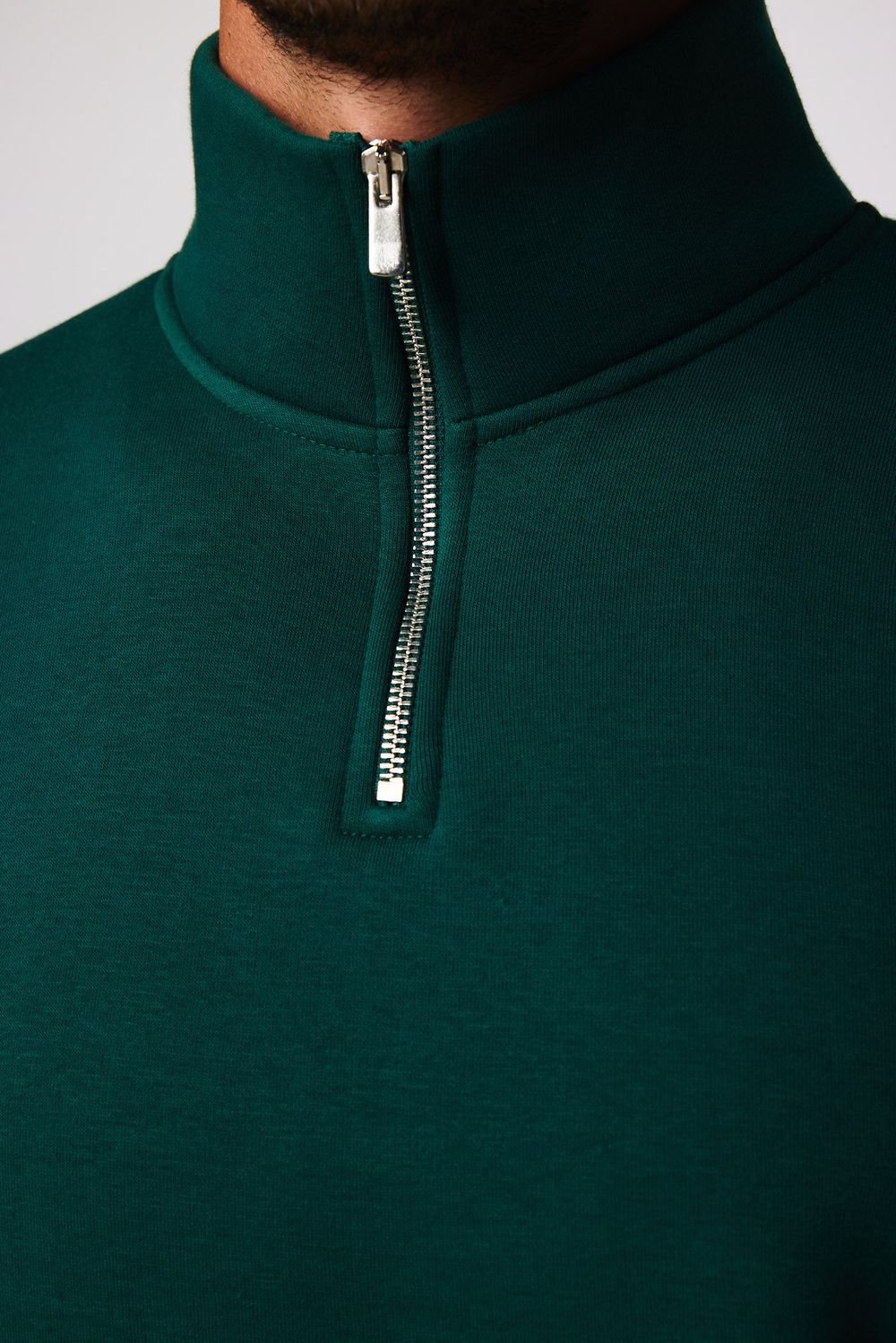 Unisex Relax Fit Rahat Kesim Pamuklu İçi Polarlı Yarım Fermuarlı Haki Dik Yaka Sweatshirt