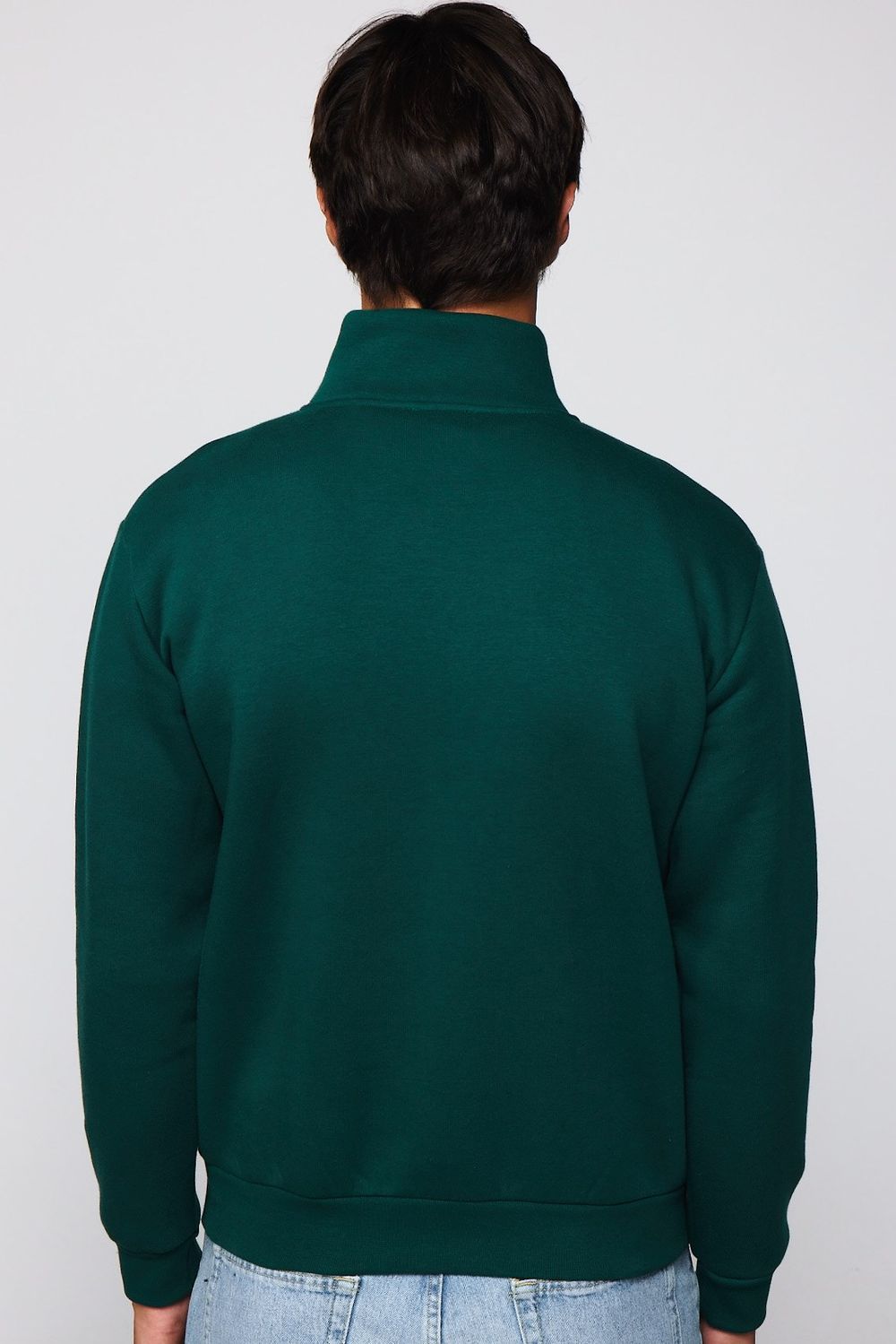 Unisex Relax Fit Rahat Kesim Pamuklu İçi Polarlı Yarım Fermuarlı Haki Dik Yaka Sweatshirt