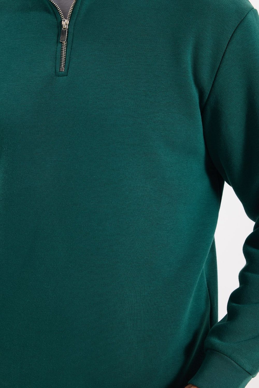 Unisex Relax Fit Rahat Kesim Pamuklu İçi Polarlı Yarım Fermuarlı Haki Dik Yaka Sweatshirt