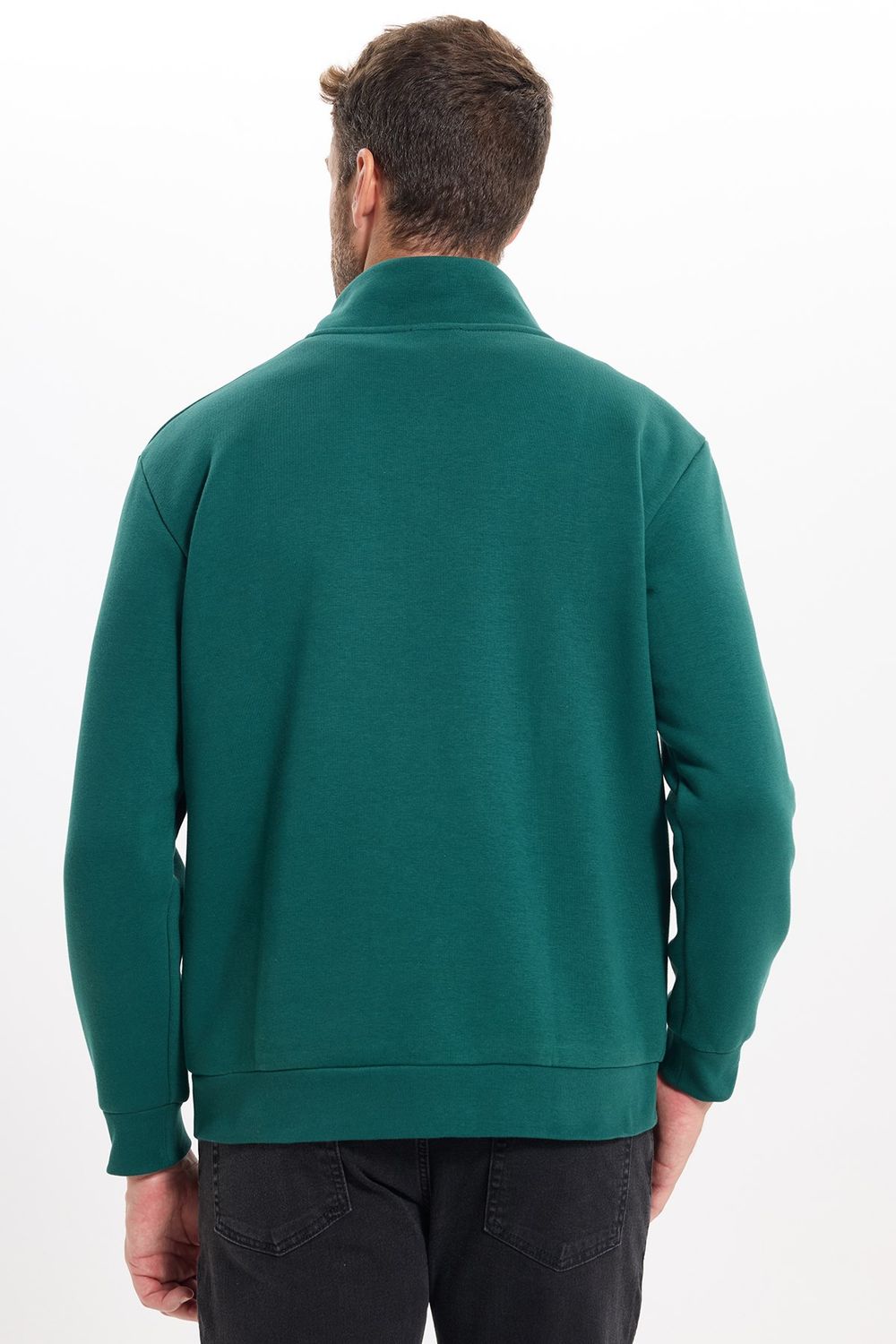 Unisex Relax Fit Rahat Kesim Pamuklu İçi Polarlı Yarım Fermuarlı Haki Dik Yaka Sweatshirt