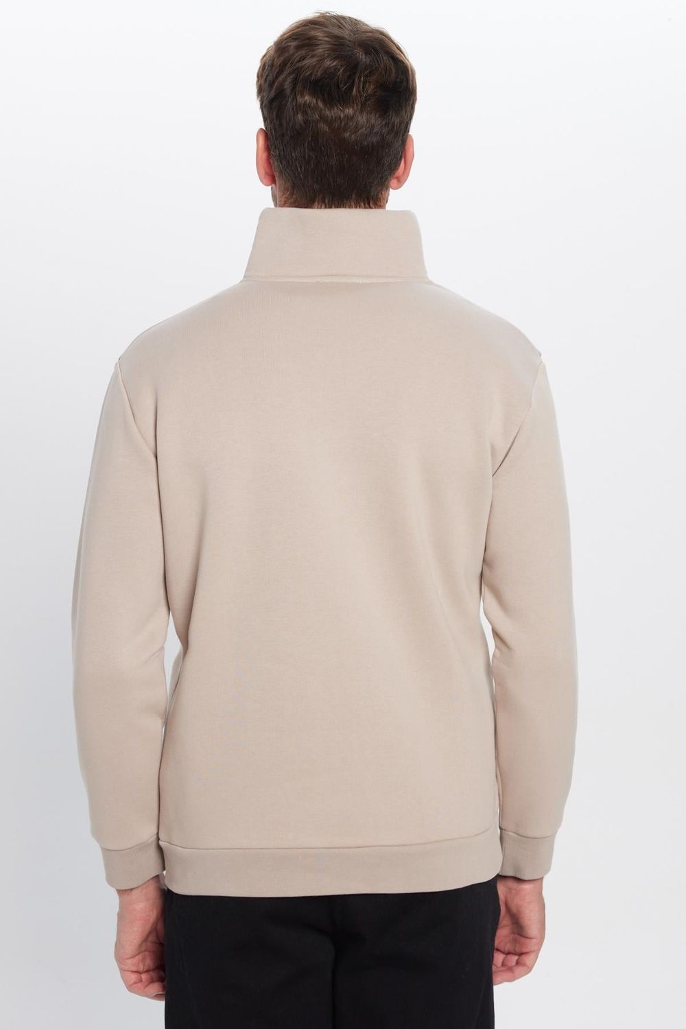 Unisex Relax Fit Rahat Kesim Pamuklu İçi Polarlı Yarım Fermuarlı Taş Renk Dik Yaka Sweatshirt