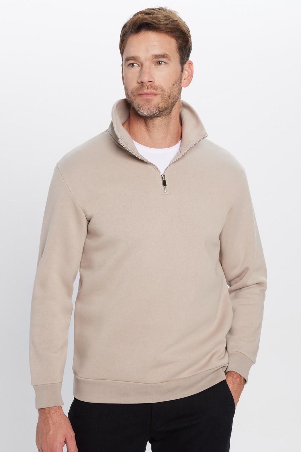 Unisex Relax Fit Rahat Kesim Pamuklu İçi Polarlı Yarım Fermuarlı Taş Renk Dik Yaka Sweatshirt
