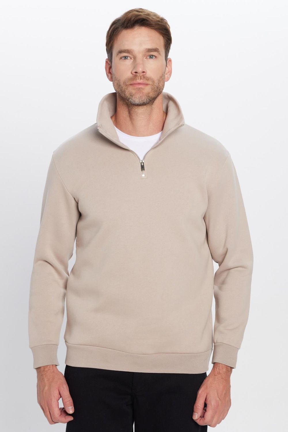 Unisex Relax Fit Rahat Kesim Pamuklu İçi Polarlı Yarım Fermuarlı Taş Renk Dik Yaka Sweatshirt