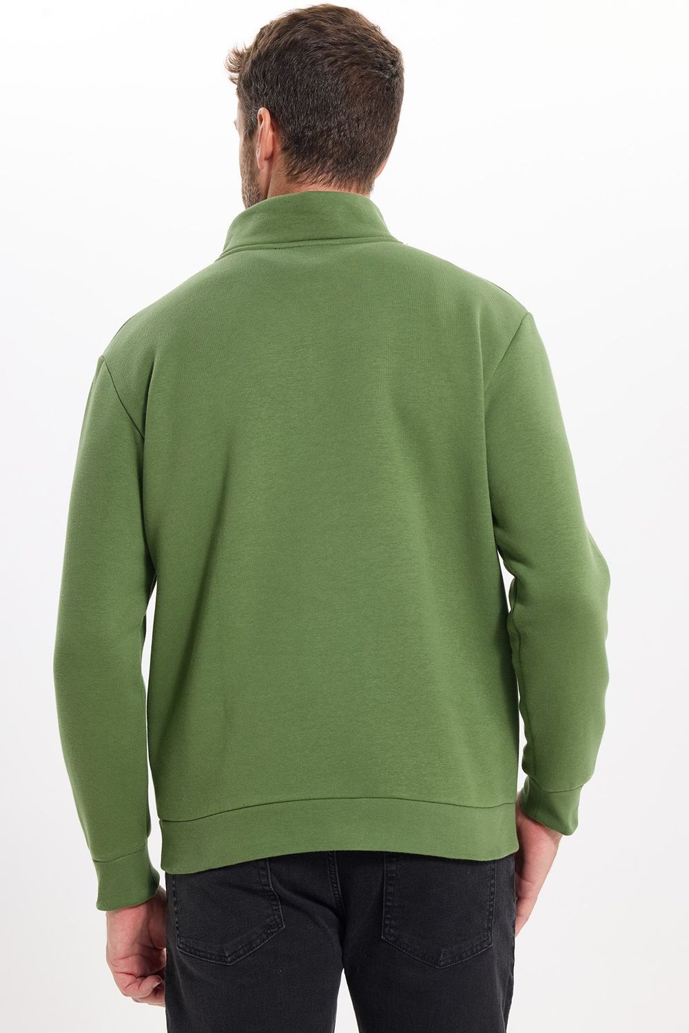 Unisex Relax Fit Rahat Kesim Pamuklu İçi Polarlı Yarım Fermuarlı Yeşil Dik Yaka Sweatshirt