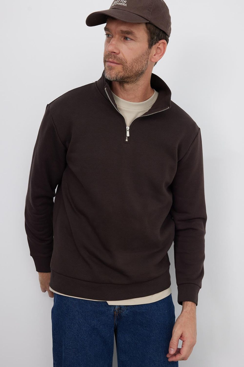 Unisex Relax Fit Rahat Kesim Pamuklu İçi Polarlı Yarım Fermuarlı Kahverengi Dik Yaka Sweatshirt