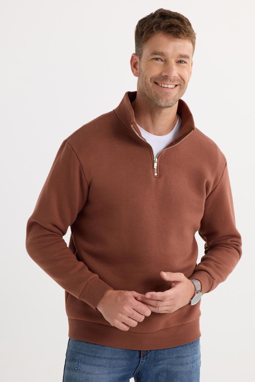 Unisex Relax Fit Rahat Kesim Pamuklu İçi Polarlı Yarım Fermuarlı Kahverengi Dik Yaka Sweatshirt
