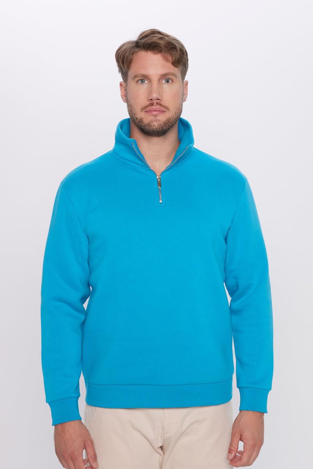 Unisex Relax Fit Rahat Kesim Pamuklu Yarım Fermuarlı Turkuaz Dik Yaka Sweatshirt