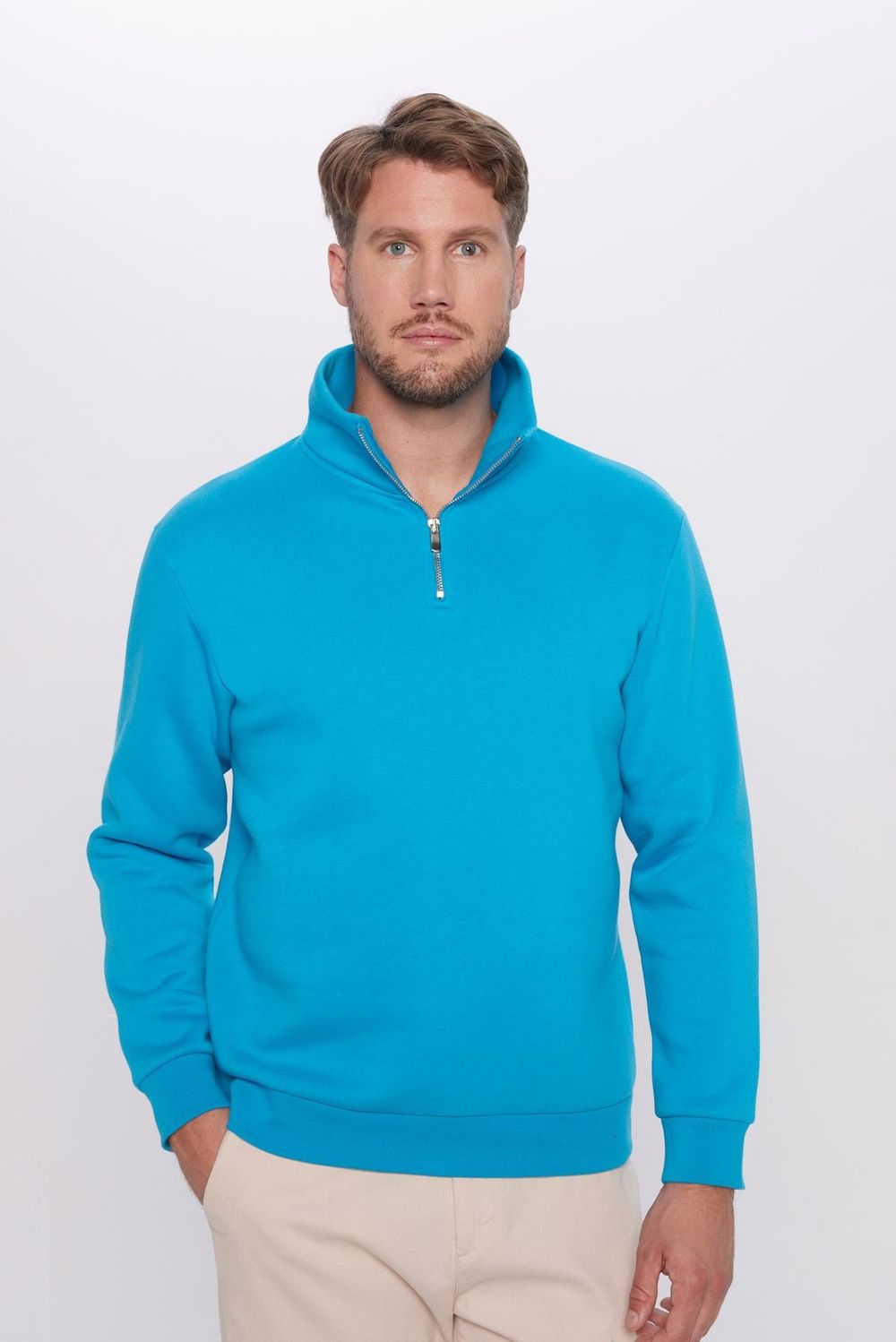 Unisex Relax Fit Rahat Kesim Pamuklu Yarım Fermuarlı Turkuaz Dik Yaka Sweatshirt