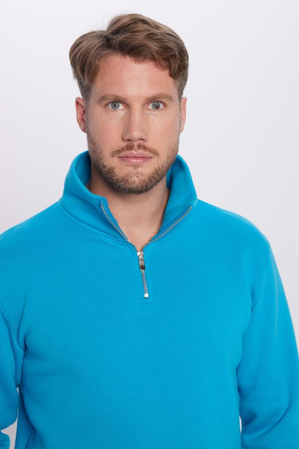 Unisex Relax Fit Rahat Kesim Pamuklu Yarım Fermuarlı Turkuaz Dik Yaka Sweatshirt