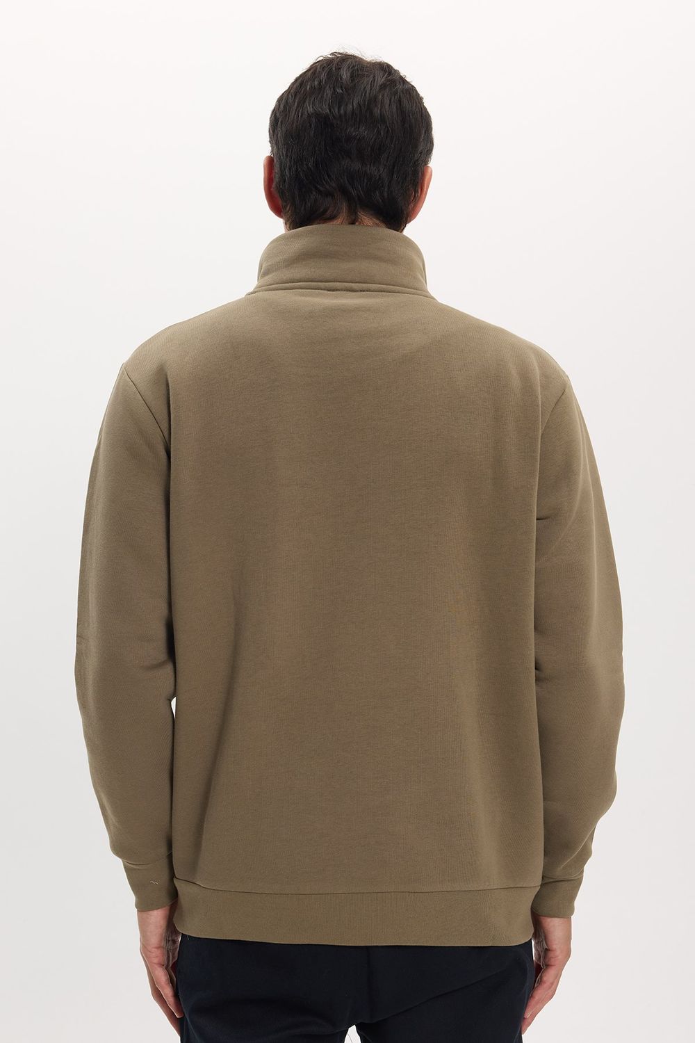 Unisex Relax Fit Rahat Kesim Pamuklu İçi Polarlı Yarım Fermuarlı Haki Dik Yaka Sweatshirt
