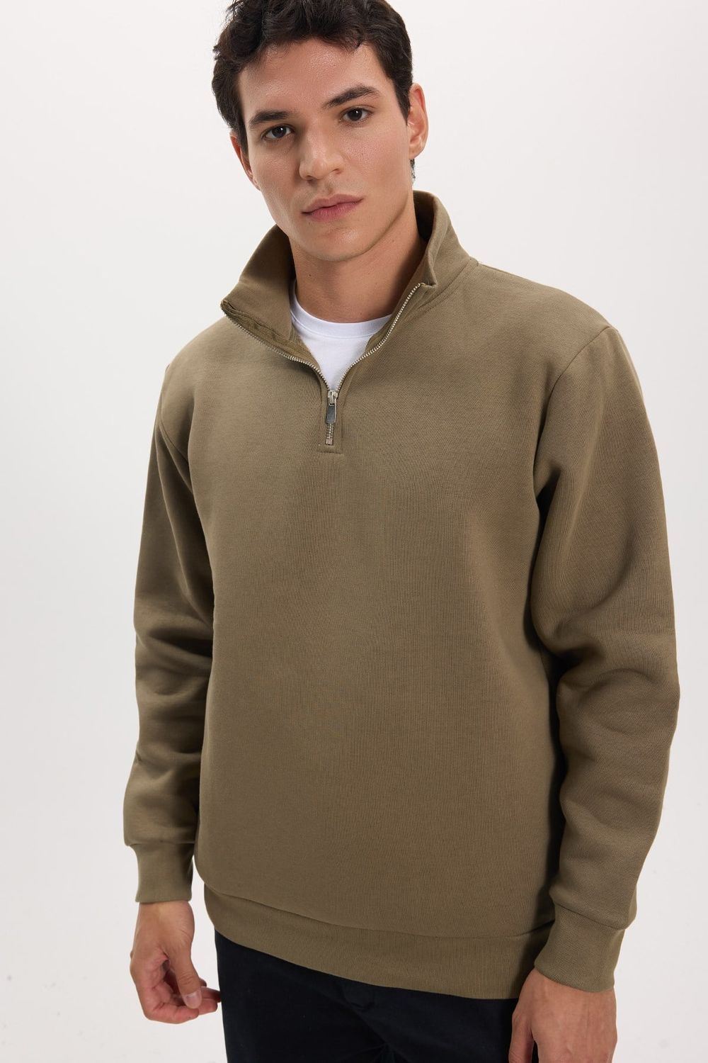 Unisex Relax Fit Rahat Kesim Pamuklu İçi Polarlı Yarım Fermuarlı Haki Dik Yaka Sweatshirt