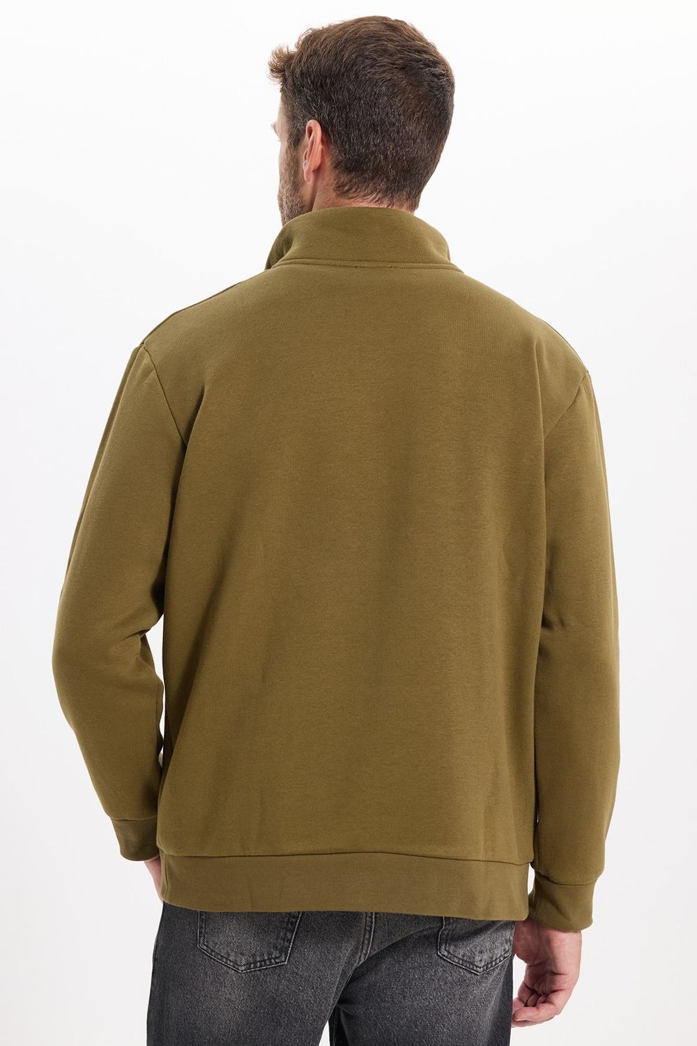 Unisex Relax Fit Rahat Kesim Pamuklu İçi Polarlı Yarım Fermuarlı Yeşil Dik Yaka Sweatshirt