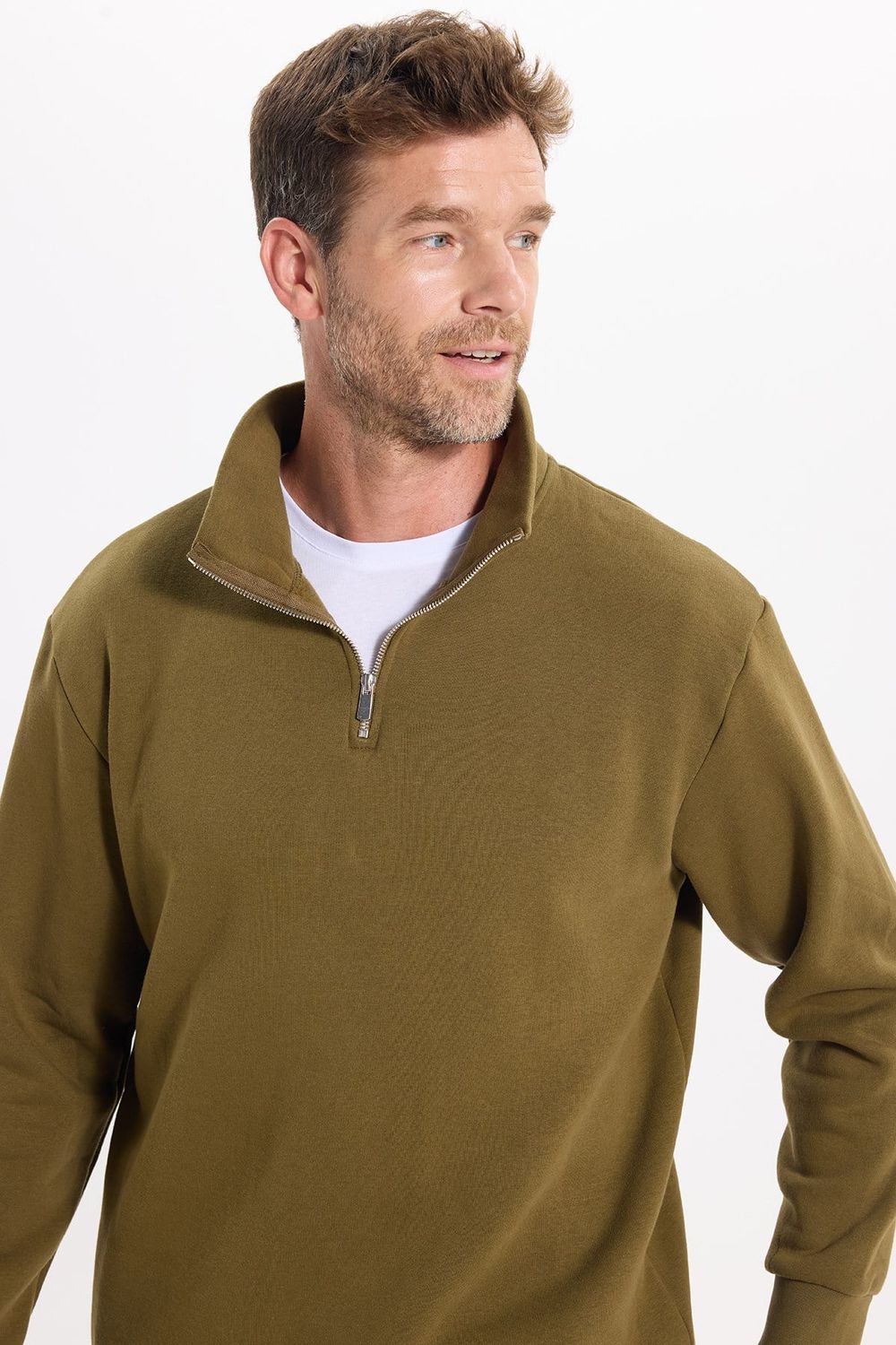 Unisex Relax Fit Rahat Kesim Pamuklu İçi Polarlı Yarım Fermuarlı Yeşil Dik Yaka Sweatshirt