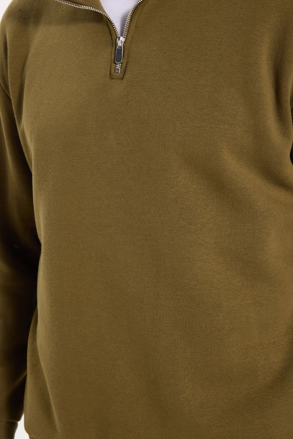 Unisex Relax Fit Rahat Kesim Pamuklu İçi Polarlı Yarım Fermuarlı Yeşil Dik Yaka Sweatshirt