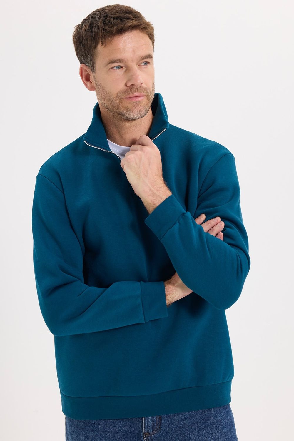 Unisex Relax Fit Rahat Kesim Pamuklu İçi Polarlı Yarım Fermuarlı İndigo Dik Yaka Sweatshirt