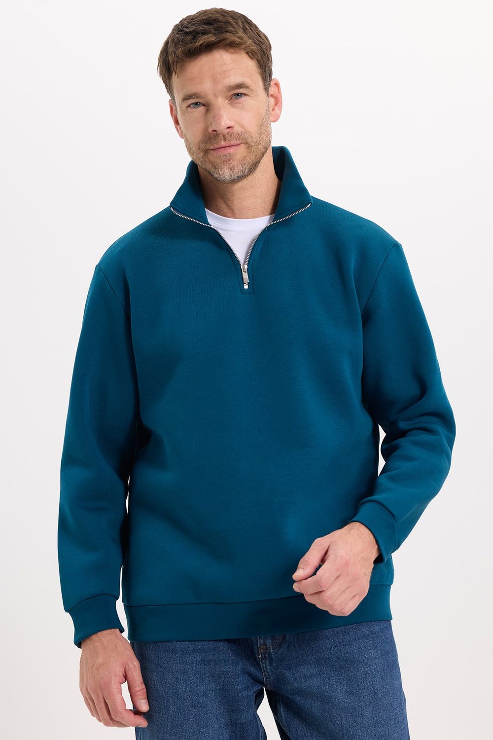 Unisex Relax Fit Rahat Kesim Pamuklu İçi Polarlı Yarım Fermuarlı İndigo Dik Yaka Sweatshirt