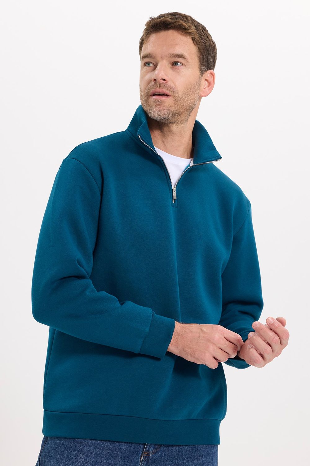 Unisex Relax Fit Rahat Kesim Pamuklu İçi Polarlı Yarım Fermuarlı İndigo Dik Yaka Sweatshirt