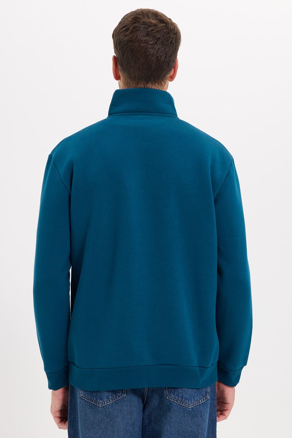 Unisex Relax Fit Rahat Kesim Pamuklu İçi Polarlı Yarım Fermuarlı İndigo Dik Yaka Sweatshirt